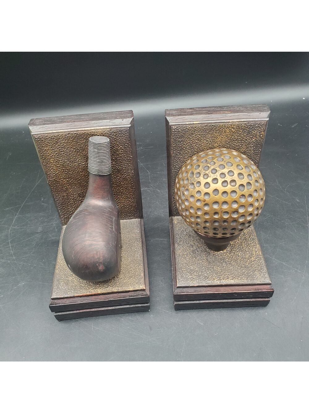 Vintage Golf Theme Bookends Club & Ball Wooden Metal Bookends Set